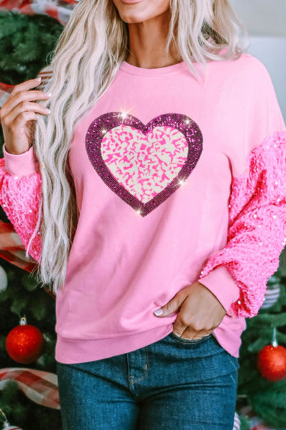 Valentine’s Day Sequin Heart Long Sleeve Sweatshirt Trendsi