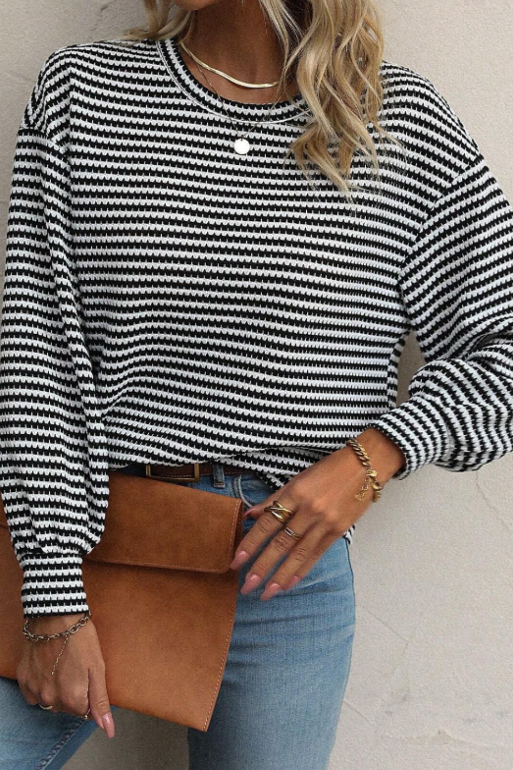 Striped Round Neck Long Sleeve Top Trendsi