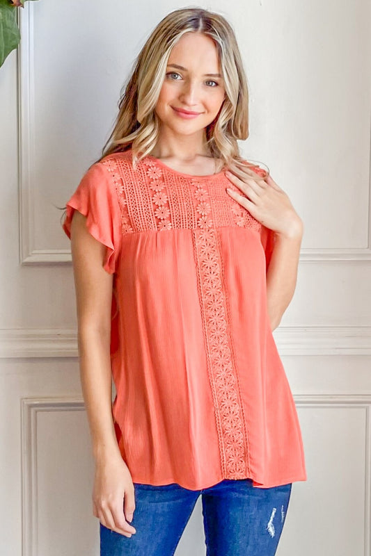 And The Why Lace Detail Ruffle Short Sleeve Blouse Trendsi