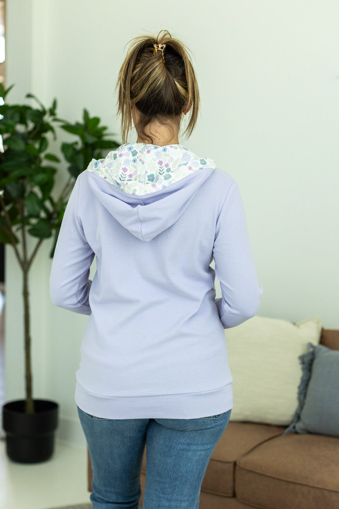 Michelle Mae Lavender Floral  Avery Accent Half Zip Hoodie