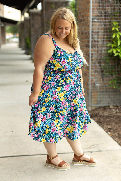 Michelle Mae Navy and Yellow Floral Cassidy Midi Dress