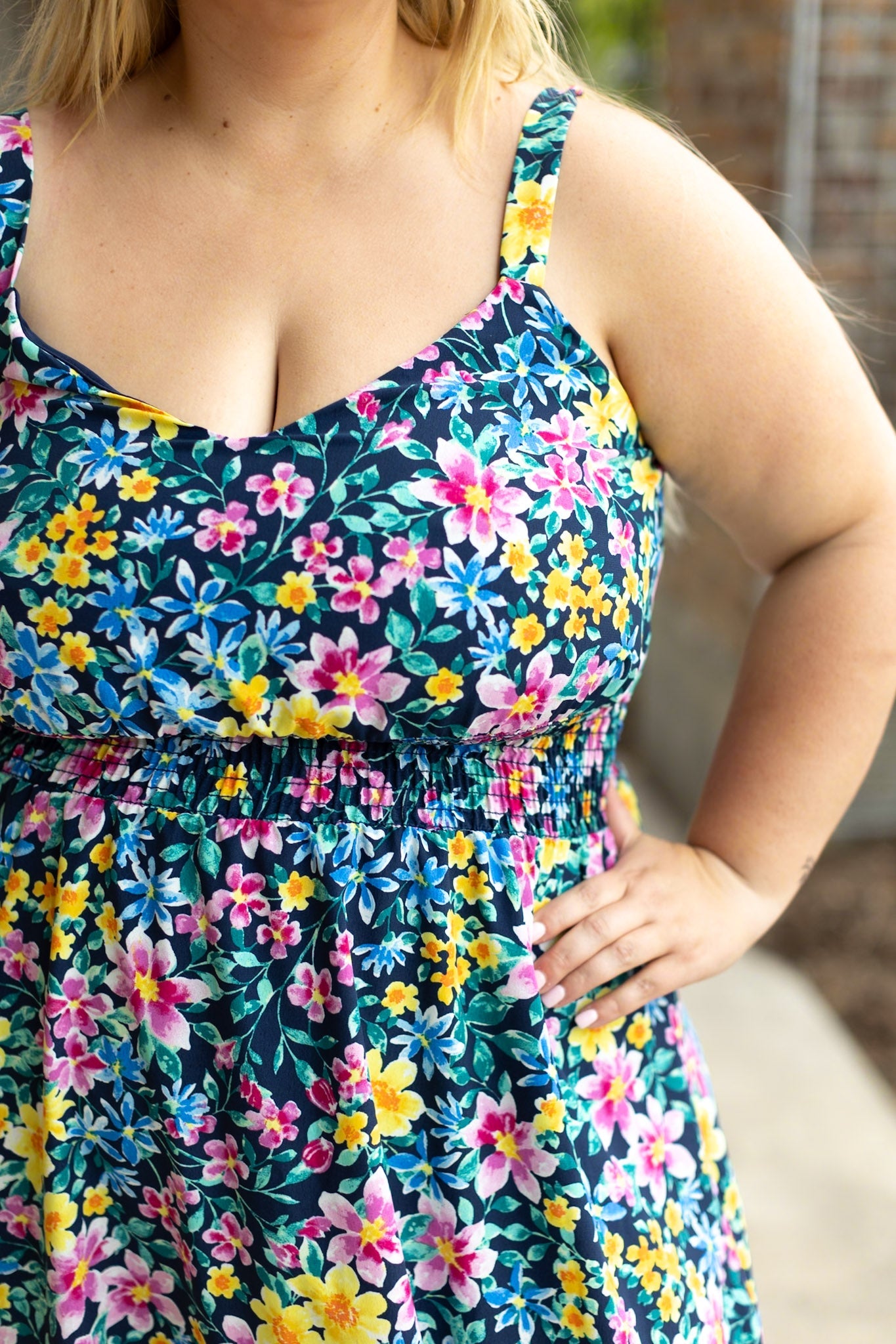 Michelle Mae Navy and Yellow Floral Cassidy Midi Dress