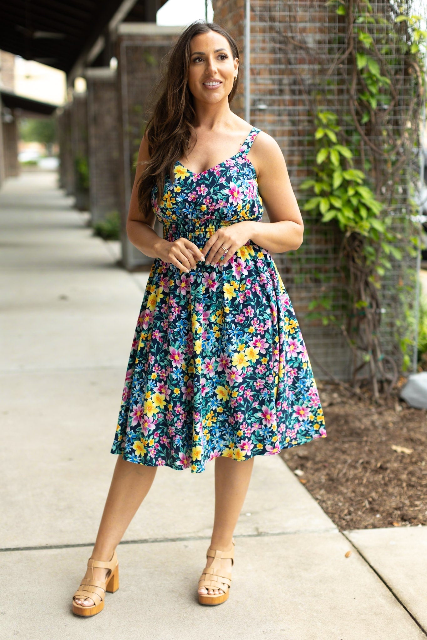 Michelle Mae Navy and Yellow Floral Cassidy Midi Dress