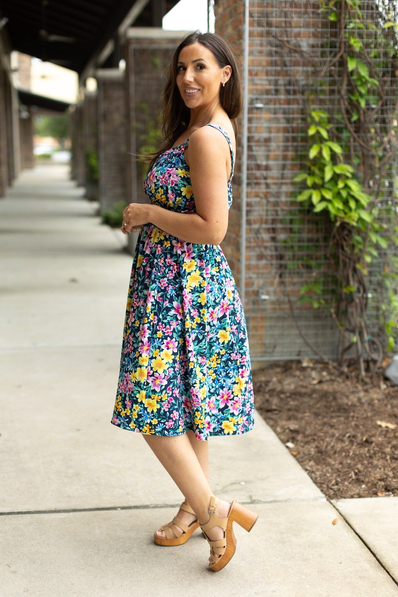 Michelle Mae Navy and Yellow Floral Cassidy Midi Dress