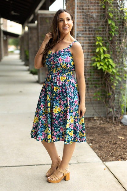 Michelle Mae Navy and Yellow Floral Cassidy Midi Dress