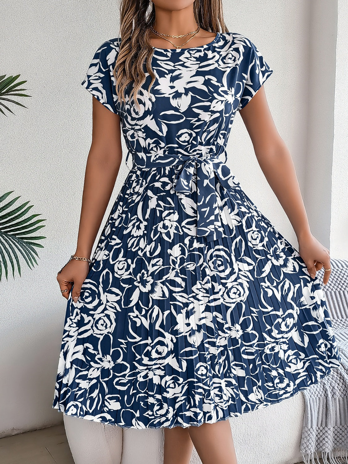 Tied Pleated Printed Short Sleeve Dress Trendsi