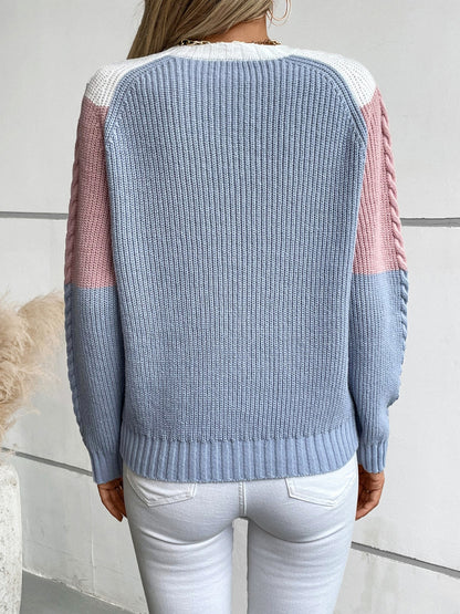 Color Block Round Neck Long Sleeve Sweater Trendsi