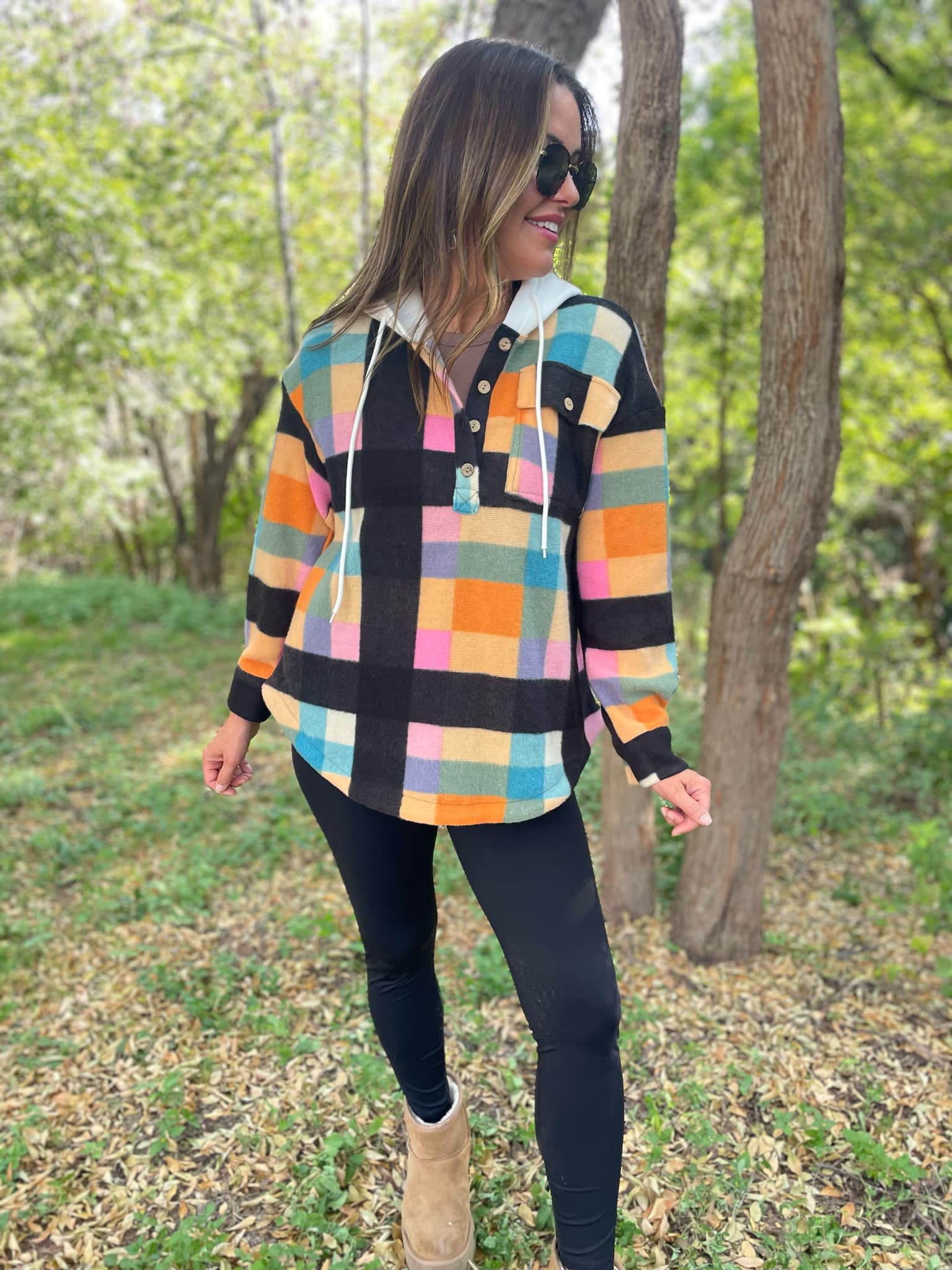 PREORDER: Rainbow Plaid Button Hoodie Ave Shops