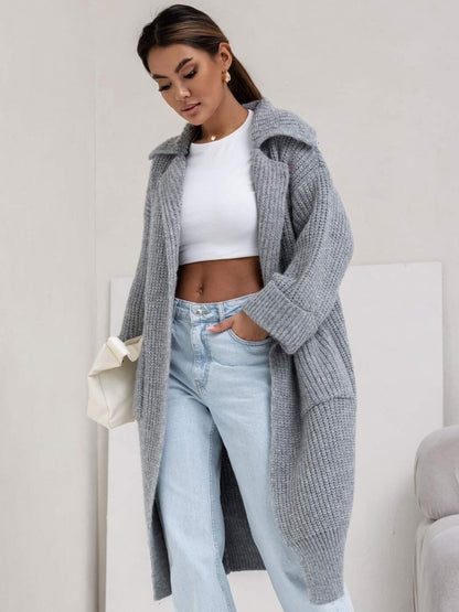 Pocketed Collared Neck Dropped Shoulder Cardigan Trendsi