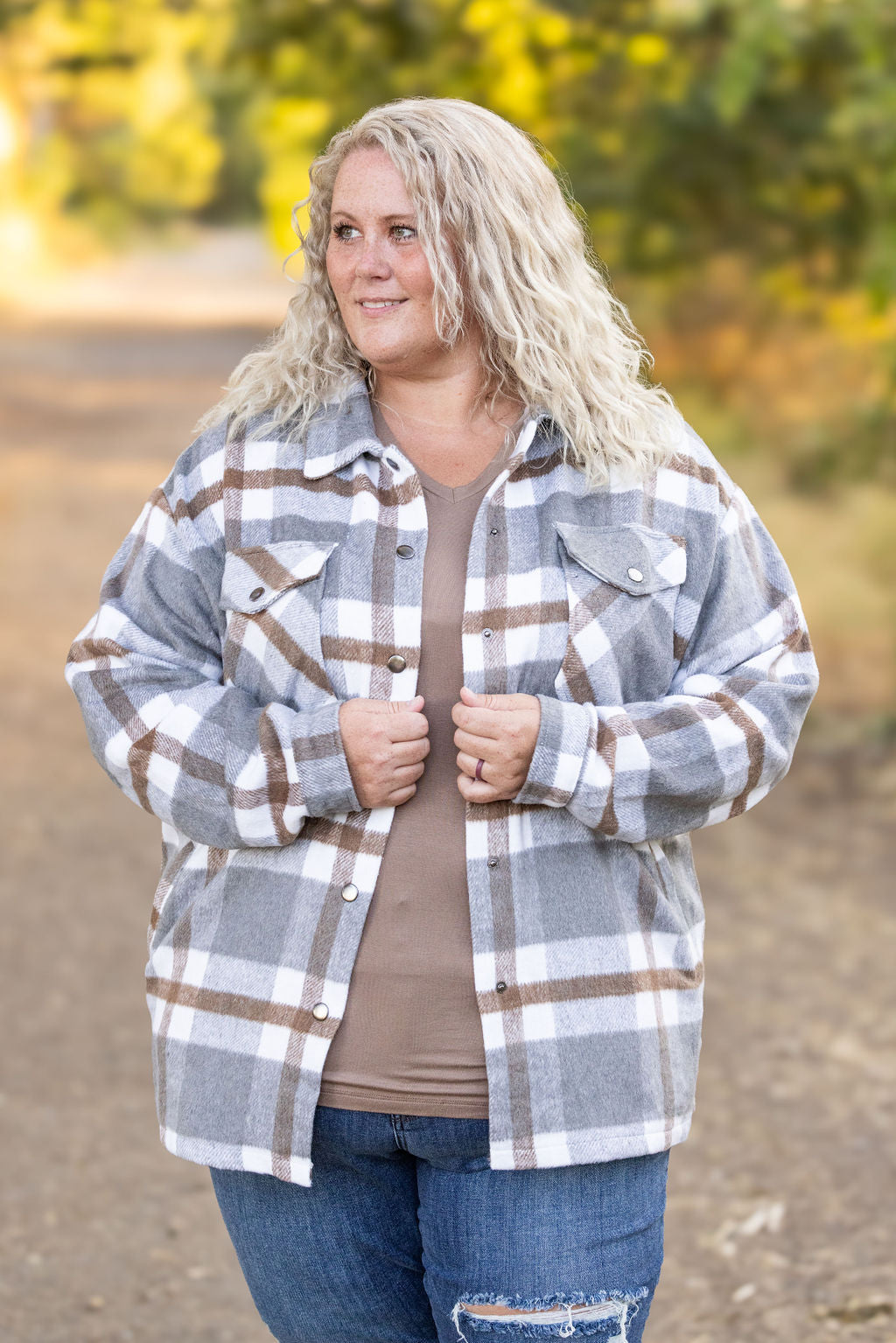 Michelle Mae Norah Plaid Shacket - Grey and Tan