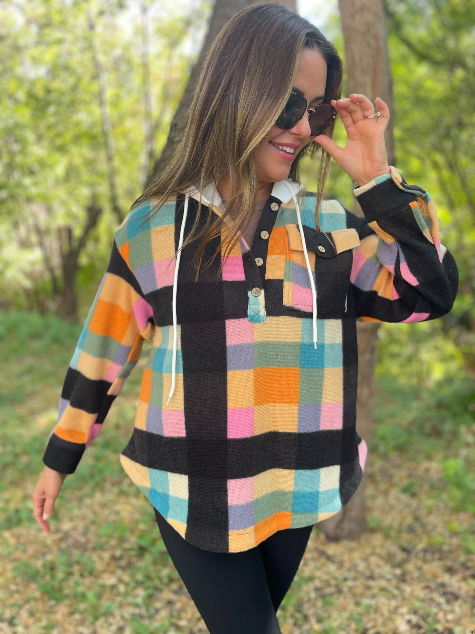 PREORDER: Rainbow Plaid Button Hoodie Ave Shops