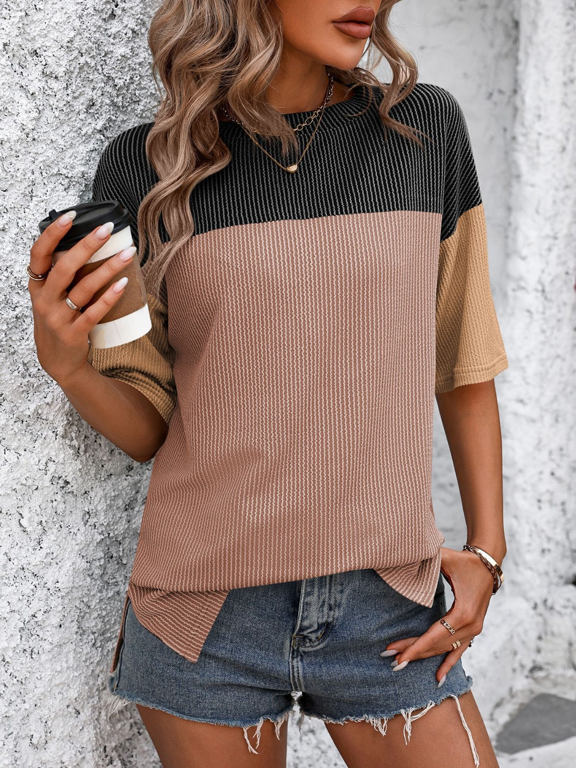 Color Block Round Neck Half Sleeve T-Shirt Trendsi