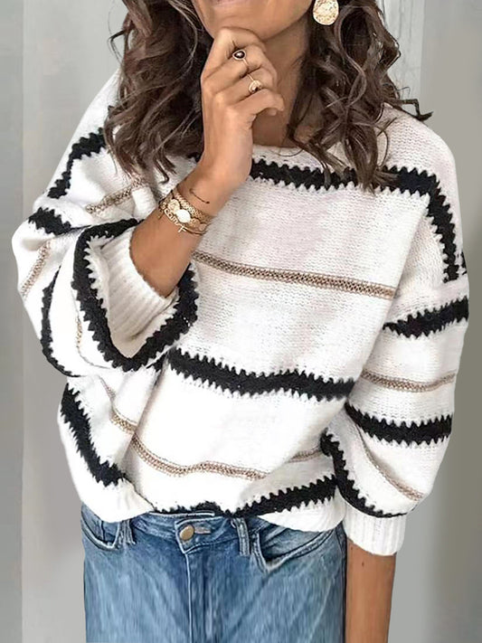 Contrast Striped Round Neck Long Sleeve Sweater Trendsi