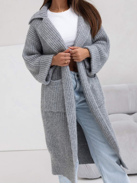 Pocketed Collared Neck Dropped Shoulder Cardigan Trendsi