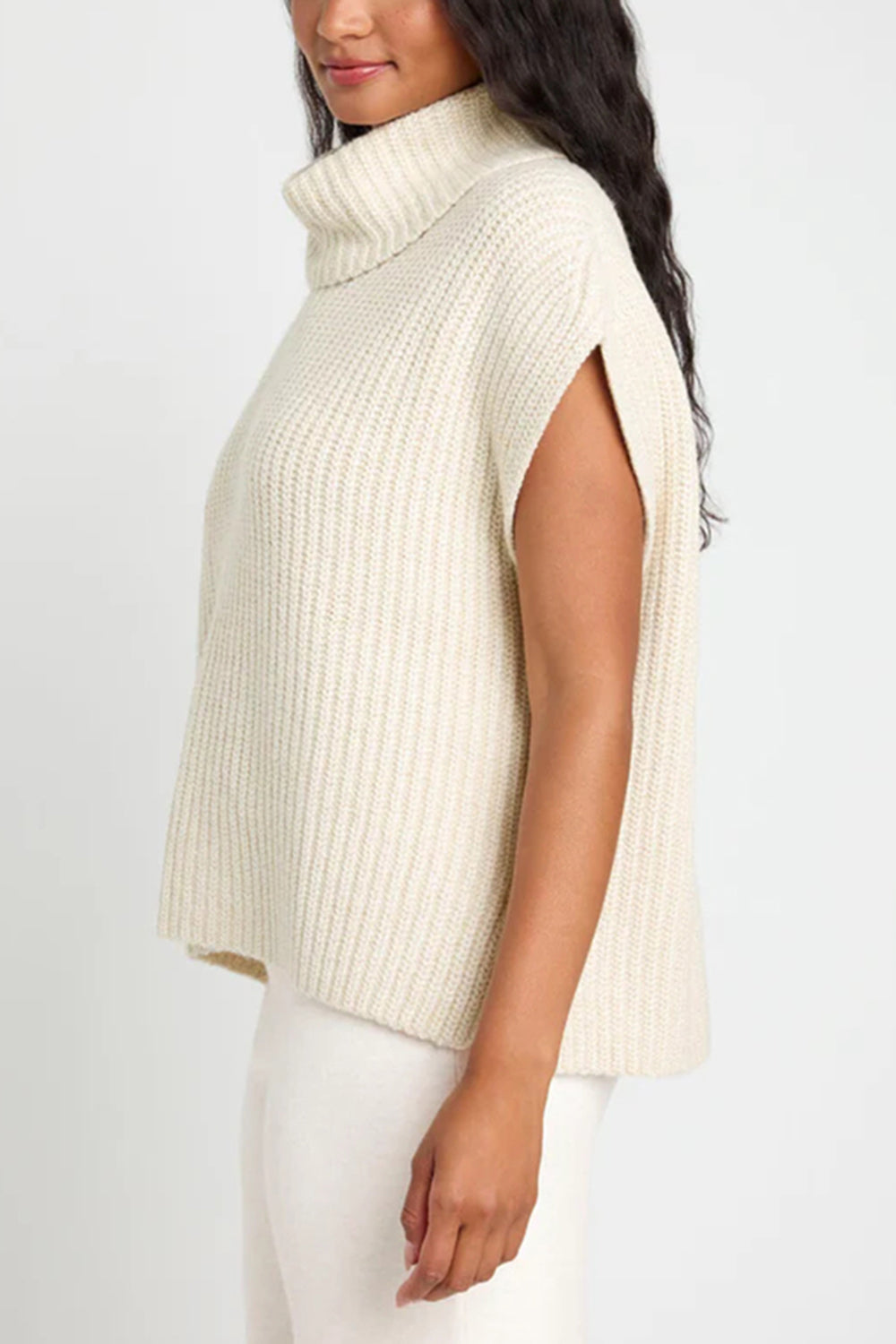 Slit Turtleneck Cap Sleeve Sweater Trendsi