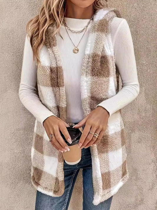 Fuzzy Plaid Hooded Vest Coat Trendsi