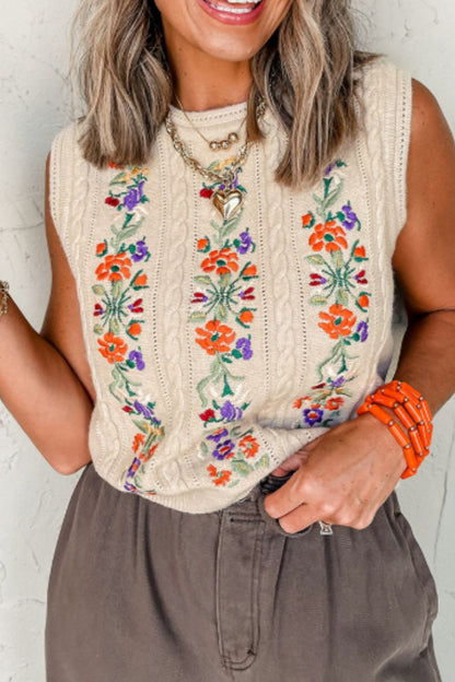 Embroidered Cable-Knit Round Neck Sweater Vest Trendsi