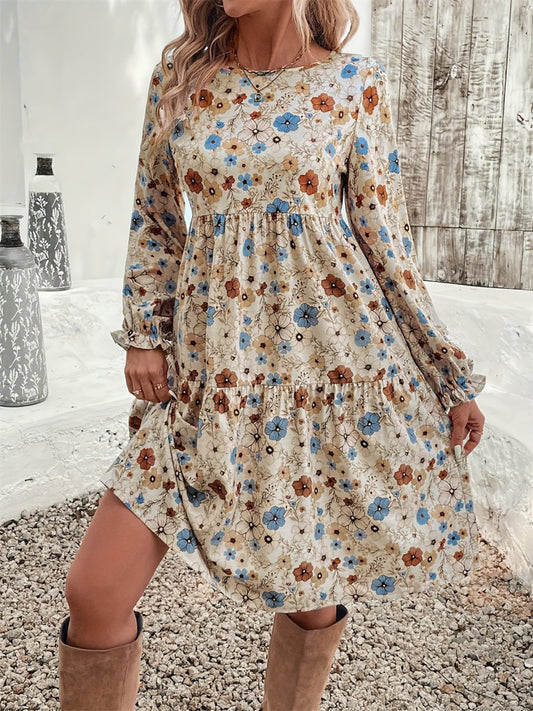 Ruffled Printed Round Neck Long Sleeve Dress Trendsi