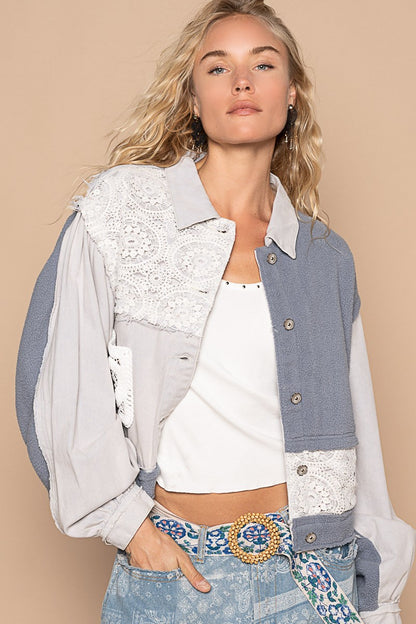 POL Crochet Patch Exposed Seam Button Up Jacket Trendsi