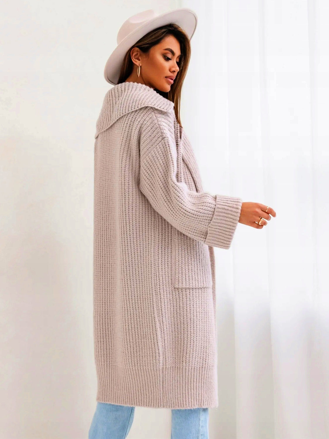 Pocketed Collared Neck Dropped Shoulder Cardigan Trendsi