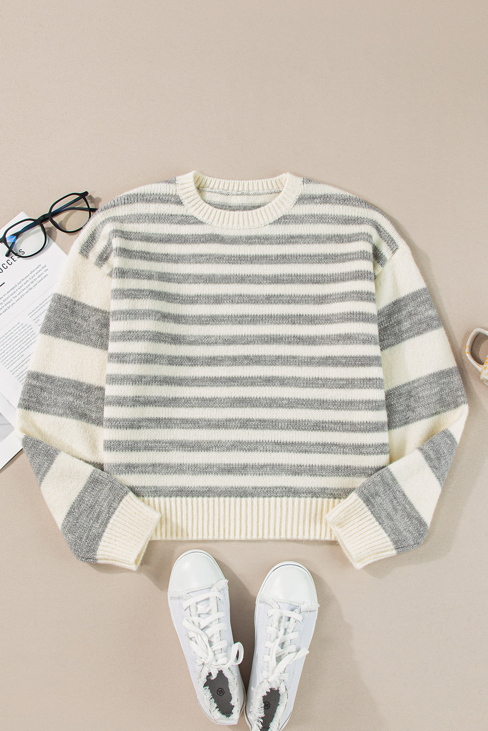 Striped Round Neck Dropped Shoulder Sweater Trendsi