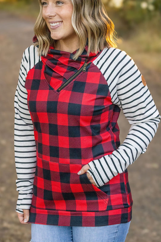 Michelle Mae Zoey Zip Cowl - Buffalo Plaid and Oatmeal Stripes