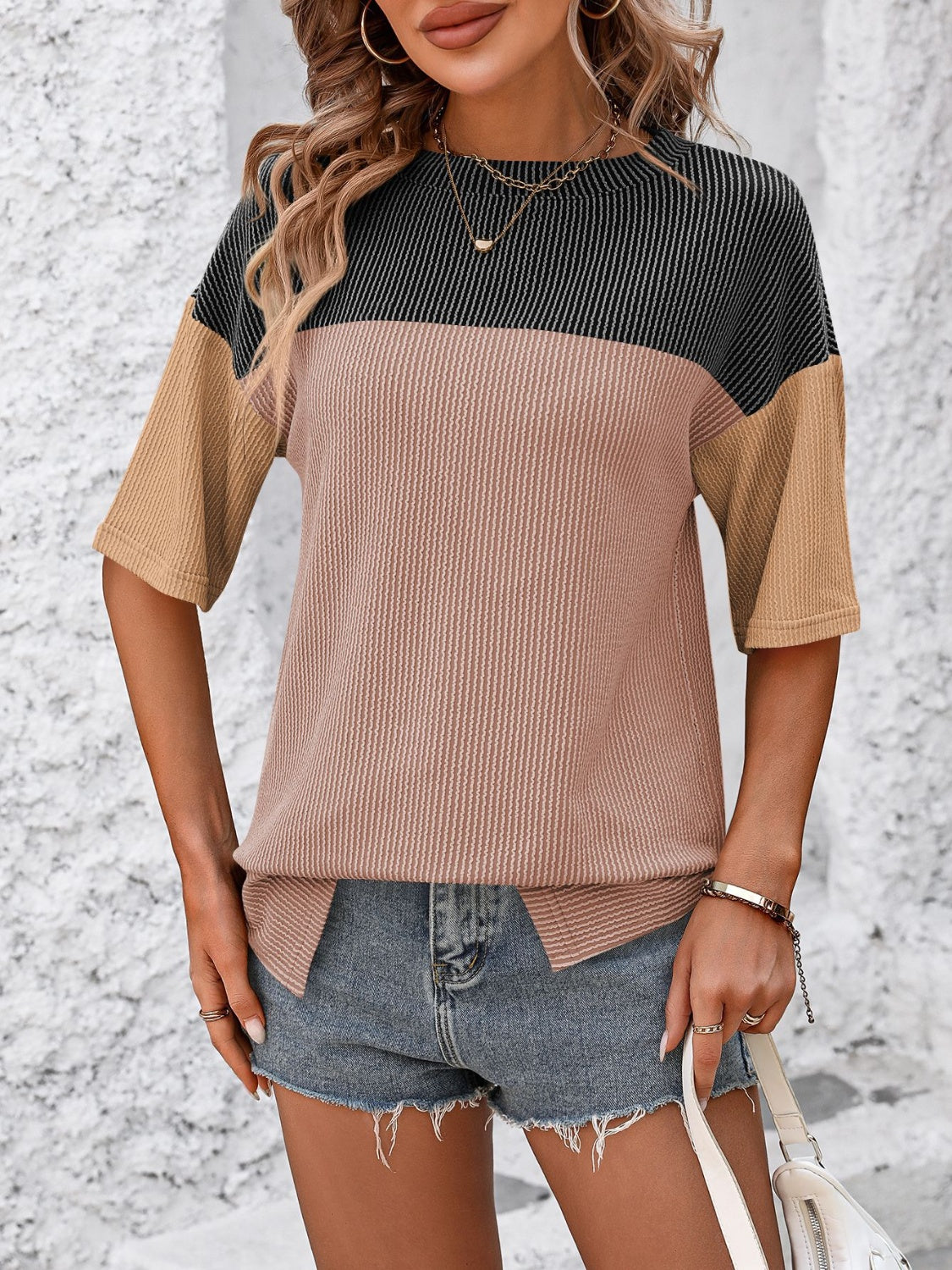 Color Block Round Neck Half Sleeve T-Shirt Trendsi