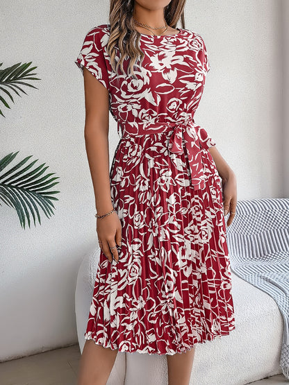 Tied Pleated Printed Short Sleeve Dress Trendsi