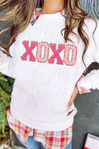 White XOXO Glitter Chenille Cable Knit Pullover Sweater The Magnolia Cottage Boutique