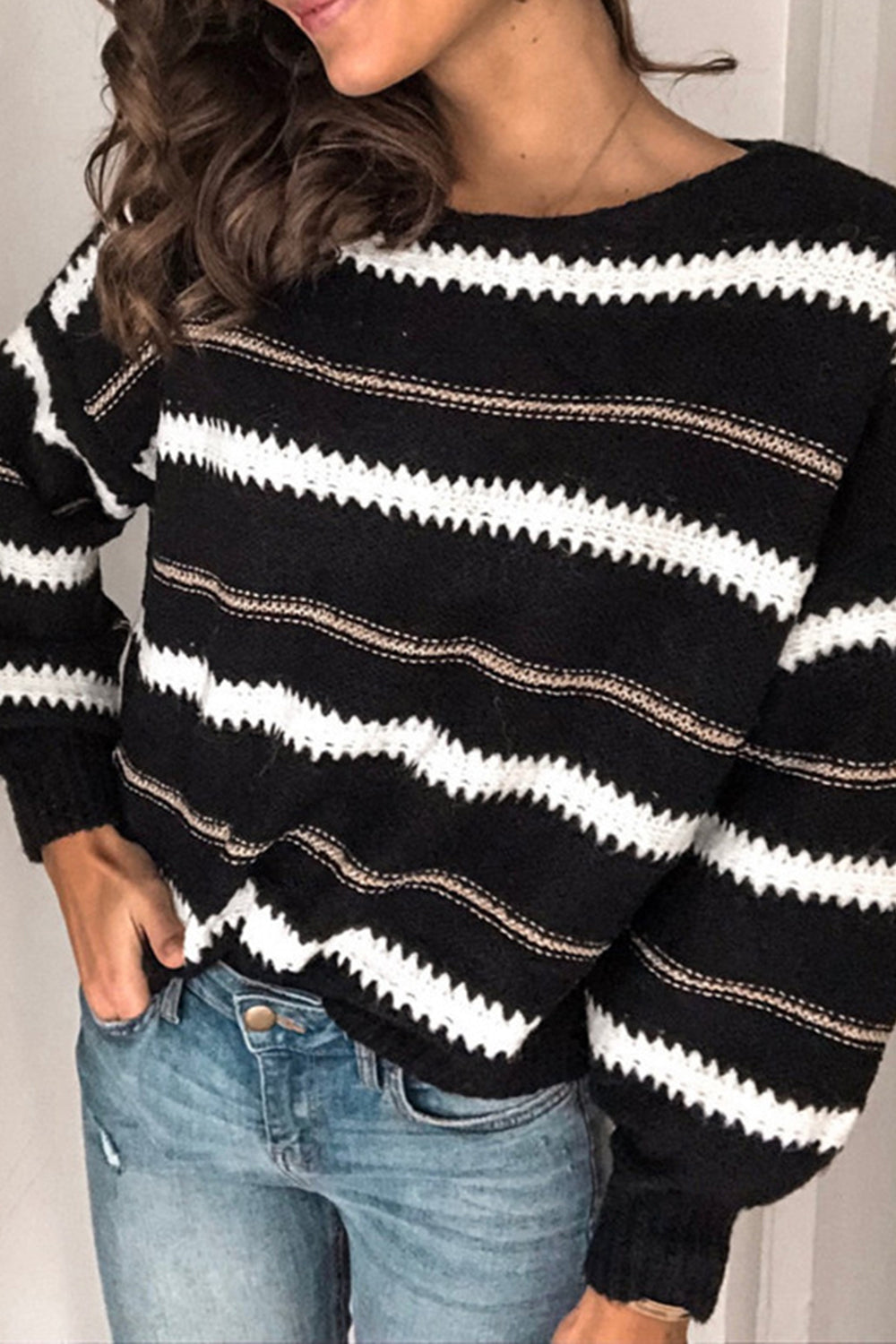 Contrast Striped Round Neck Long Sleeve Sweater Trendsi