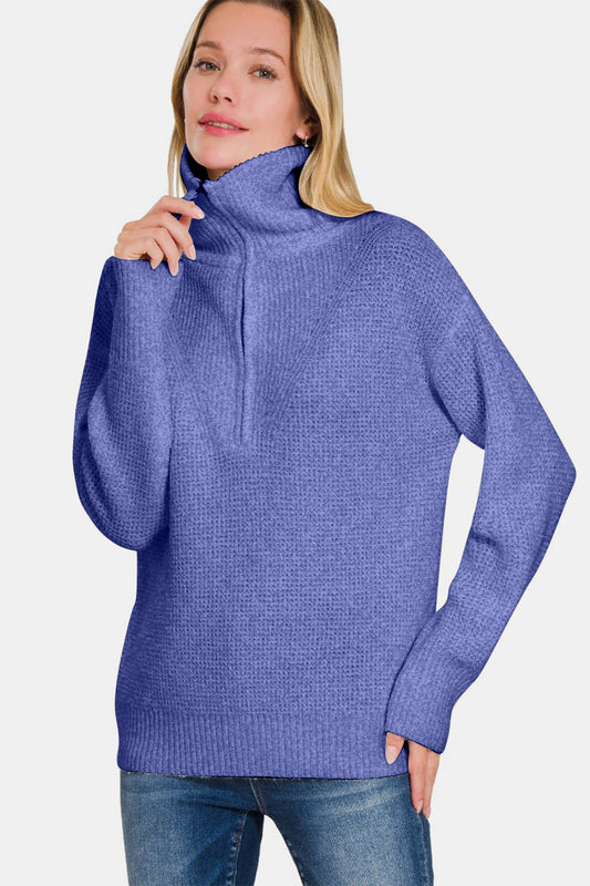 Zenana Half Zip Long Sleeve Sweater Trendsi