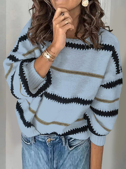 Contrast Striped Round Neck Long Sleeve Sweater Trendsi