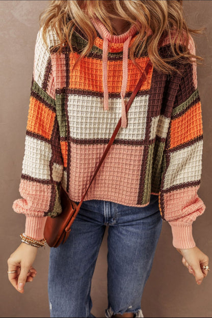 Drawstring Color Block Mock Neck Sweater Trendsi