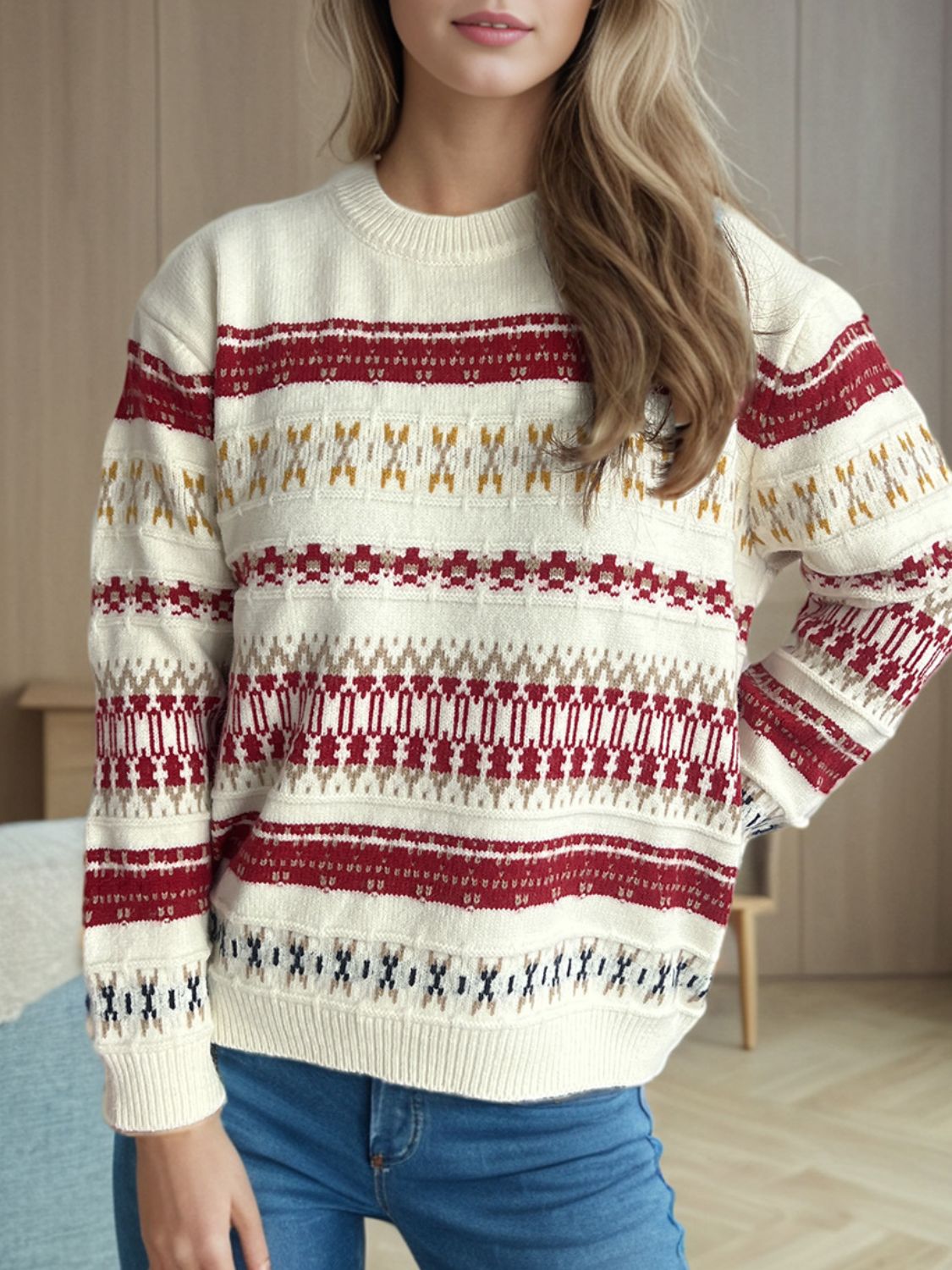 Geometric Round Neck Long Sleeve Sweater Trendsi