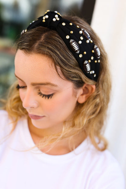 Black Stone & Gem Football Embellished Top Knot Headband