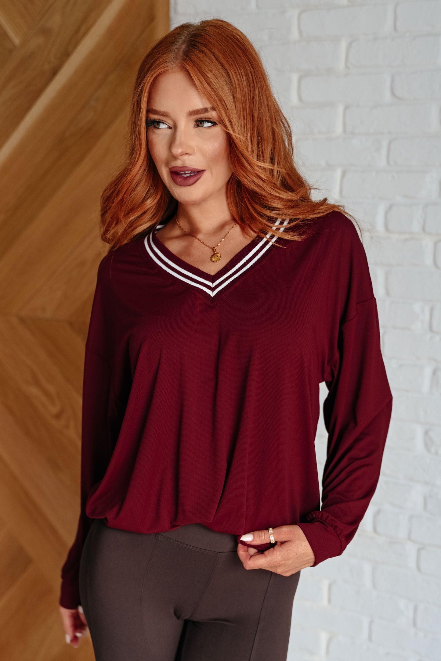 All Out Comfort V-Neck Pullover in Red Merlot Ave Shops