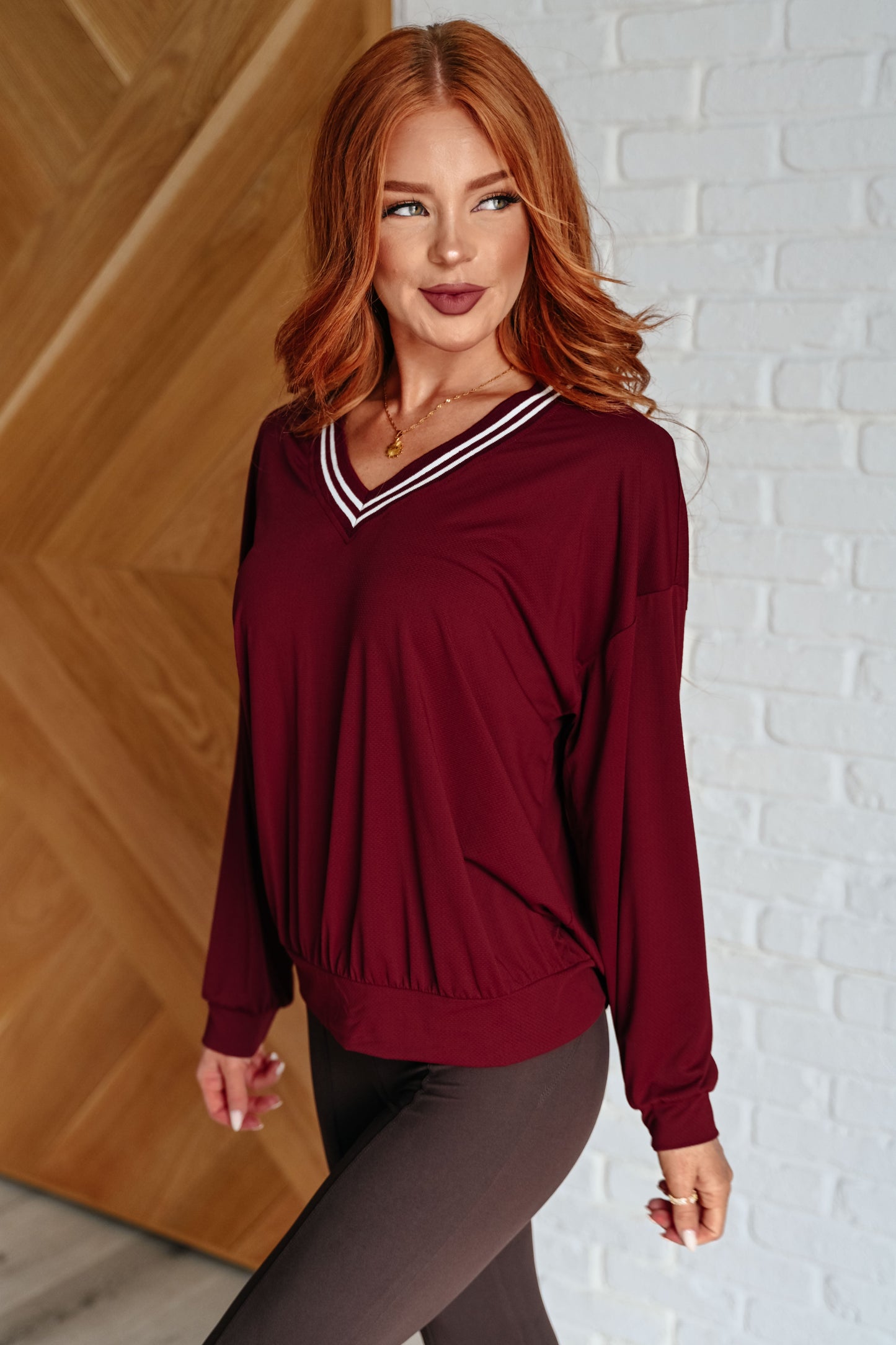 All Out Comfort V-Neck Pullover in Red Merlot Ave Shops