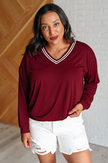 All Out Comfort V-Neck Pullover in Red Merlot Ave Shops