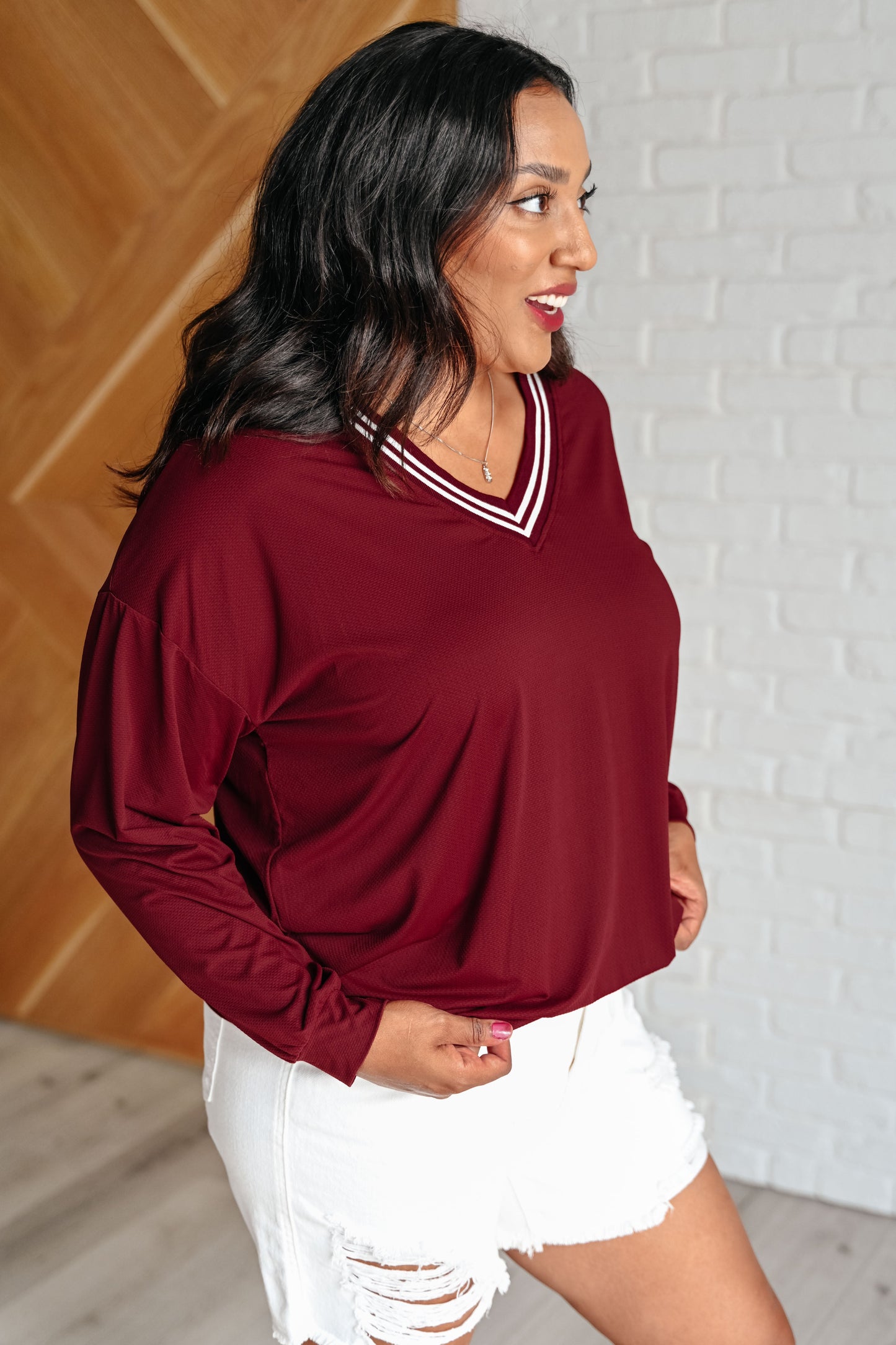 All Out Comfort V-Neck Pullover in Red Merlot Ave Shops