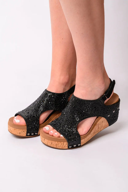 Ashley Wedge Sandals in Black Rhinestone Ave Shops