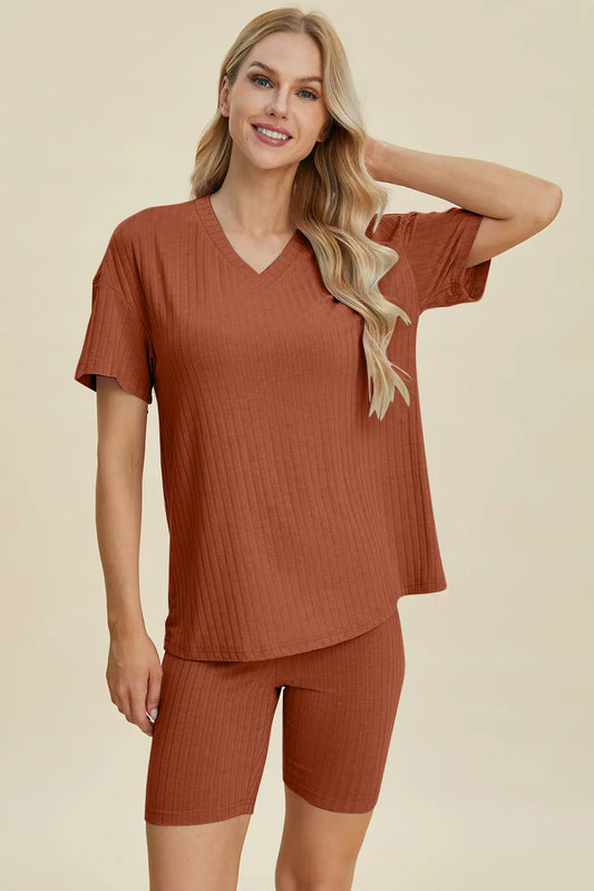 Basic Bae Full Size Ribbed V-Neck Short Sleeve Top and Shorts Set Trendsi