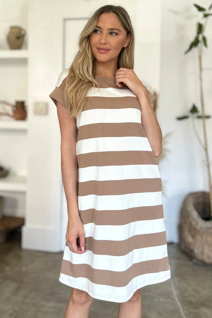 Basic Bae Full Size Striped Round Neck Cap Sleeve Mini Dress Trendsi