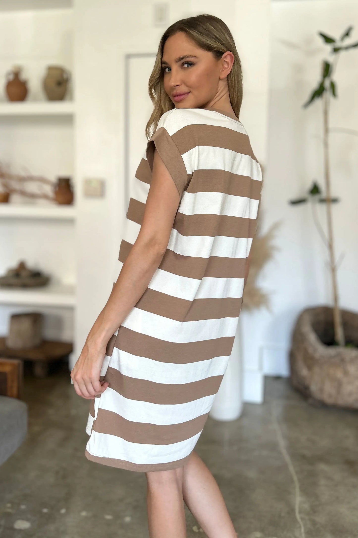 Basic Bae Full Size Striped Round Neck Cap Sleeve Mini Dress Trendsi