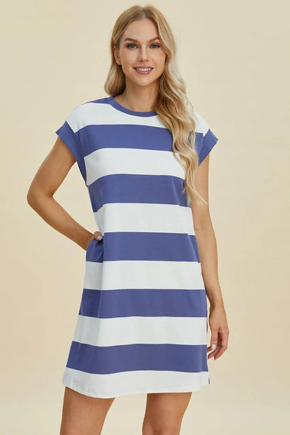 Basic Bae Full Size Striped Round Neck Cap Sleeve Mini Dress Trendsi