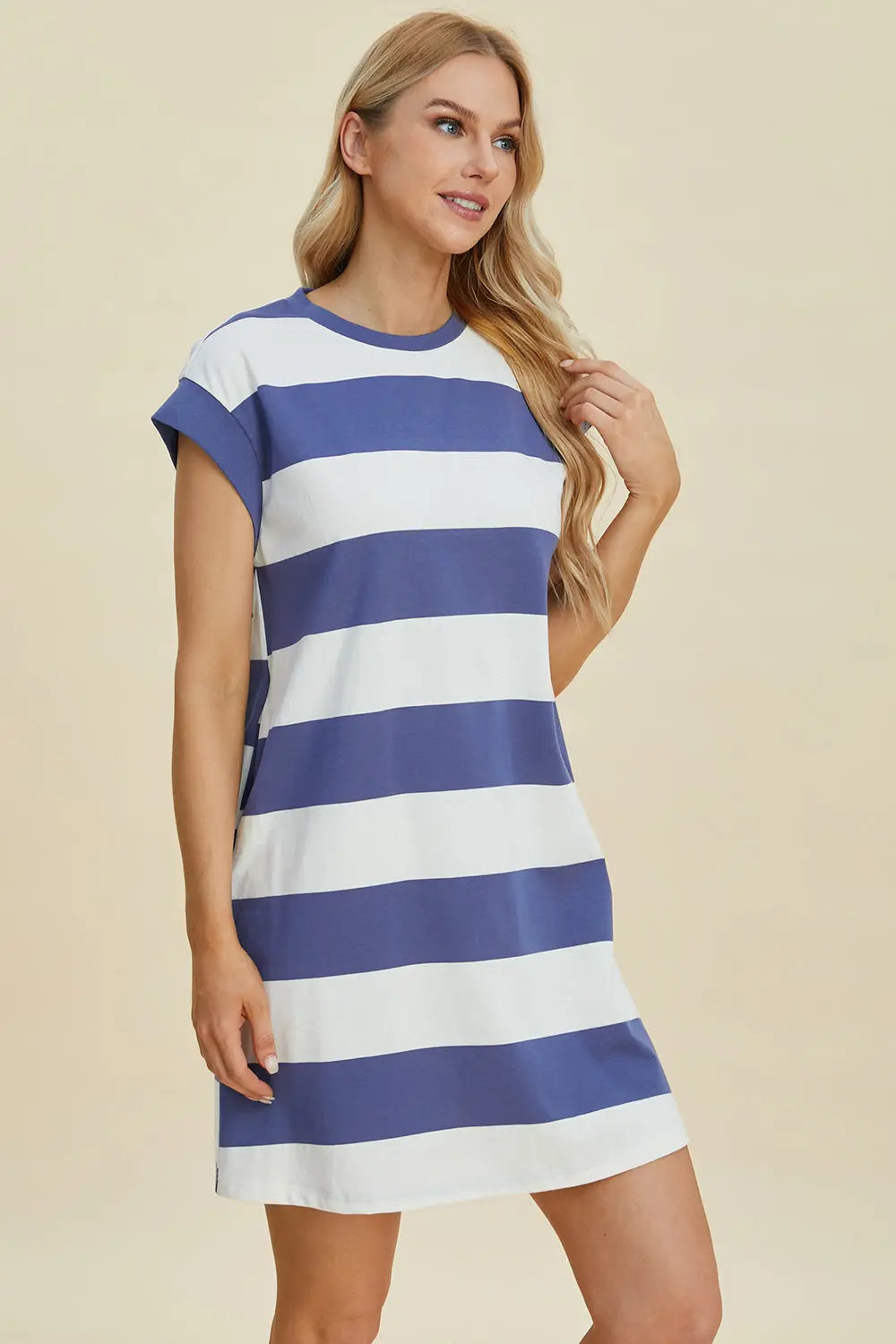 Basic Bae Full Size Striped Round Neck Cap Sleeve Mini Dress Trendsi