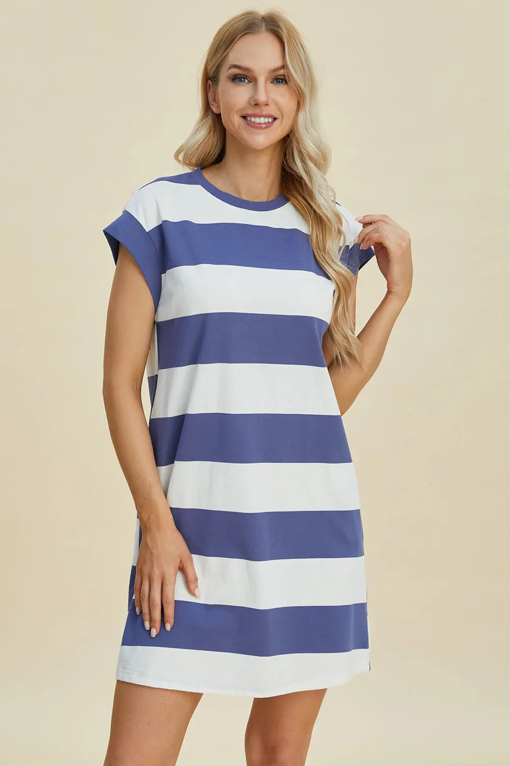 Basic Bae Full Size Striped Round Neck Cap Sleeve Mini Dress Trendsi