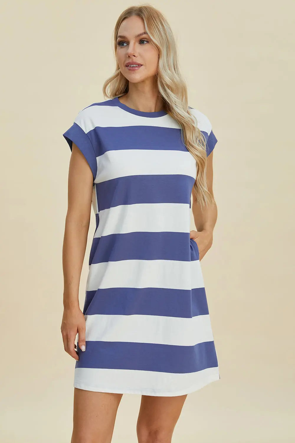 Basic Bae Full Size Striped Round Neck Cap Sleeve Mini Dress Trendsi