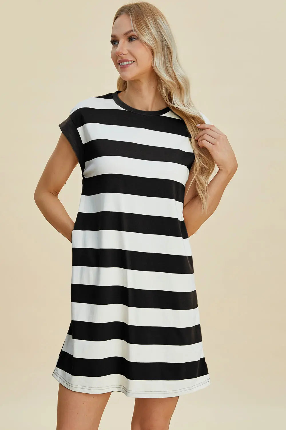 Basic Bae Full Size Striped Round Neck Cap Sleeve Mini Dress Trendsi