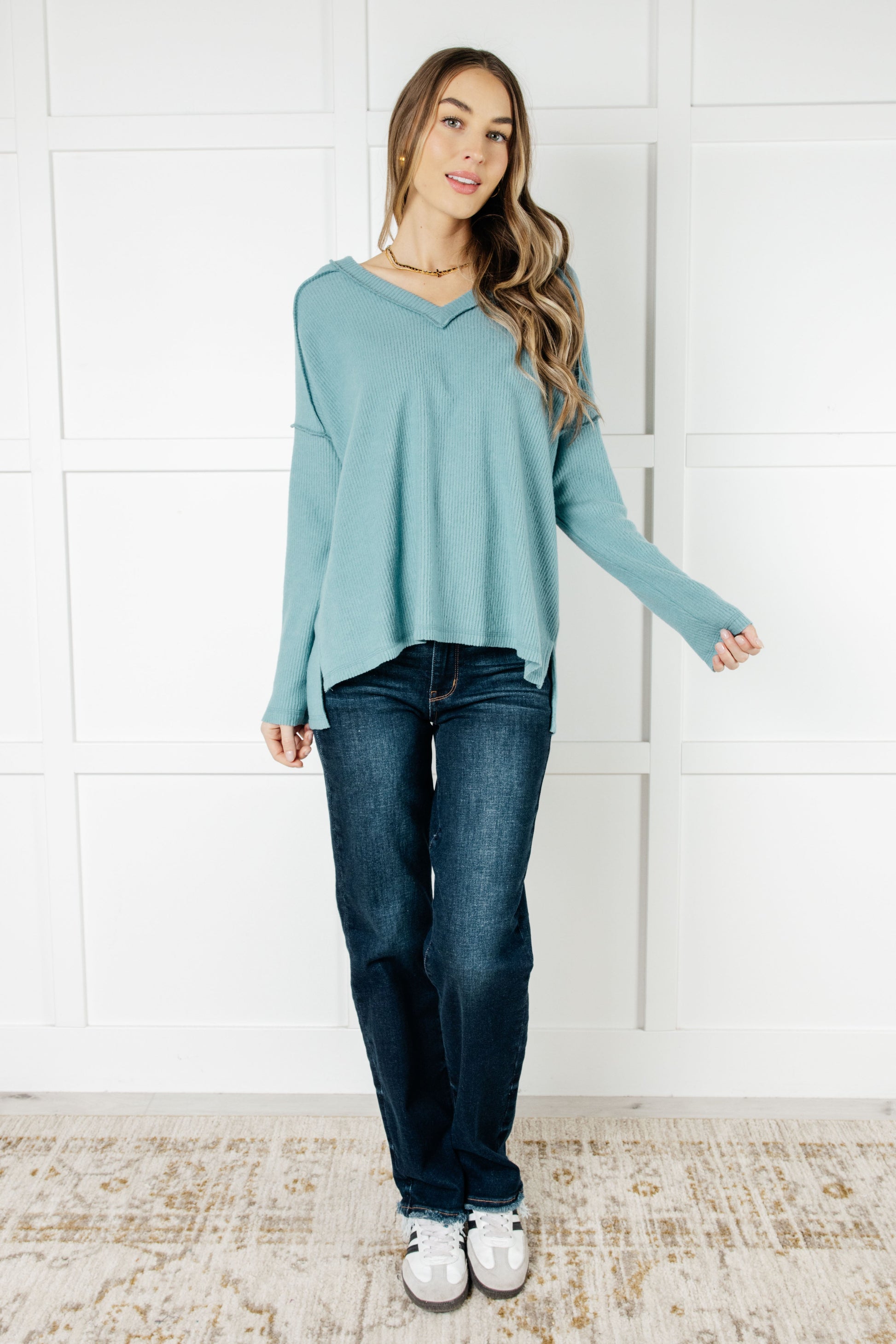 Basically Freezing Brushed Hacci Top in Dusty Teal Ave Shops