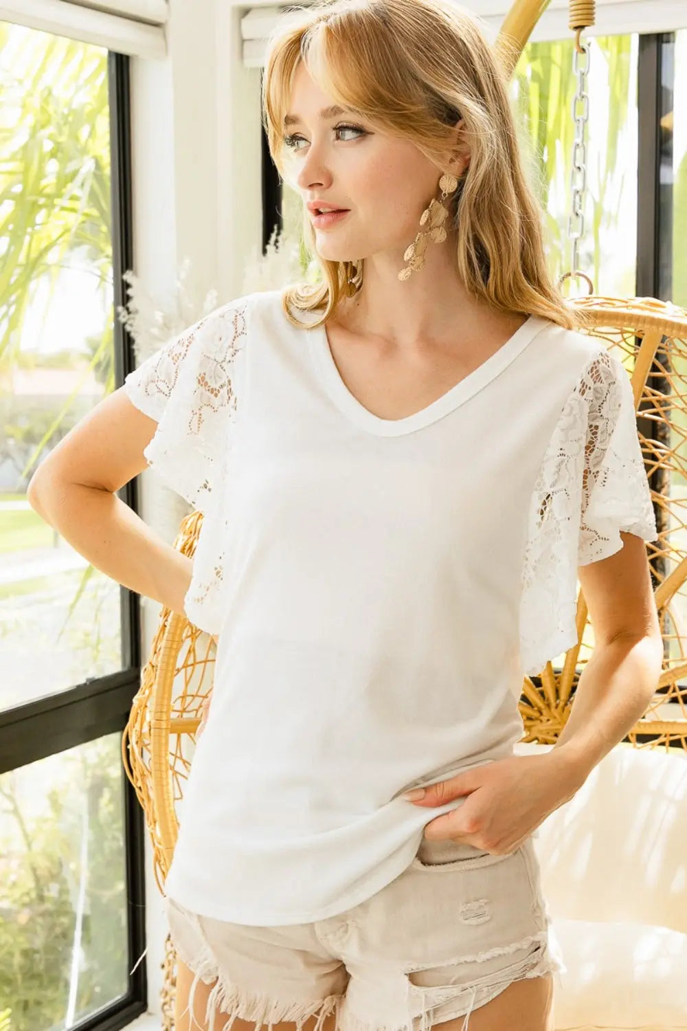 BiBi Lace Detail Ruffled V-Neck Blouse Trendsi